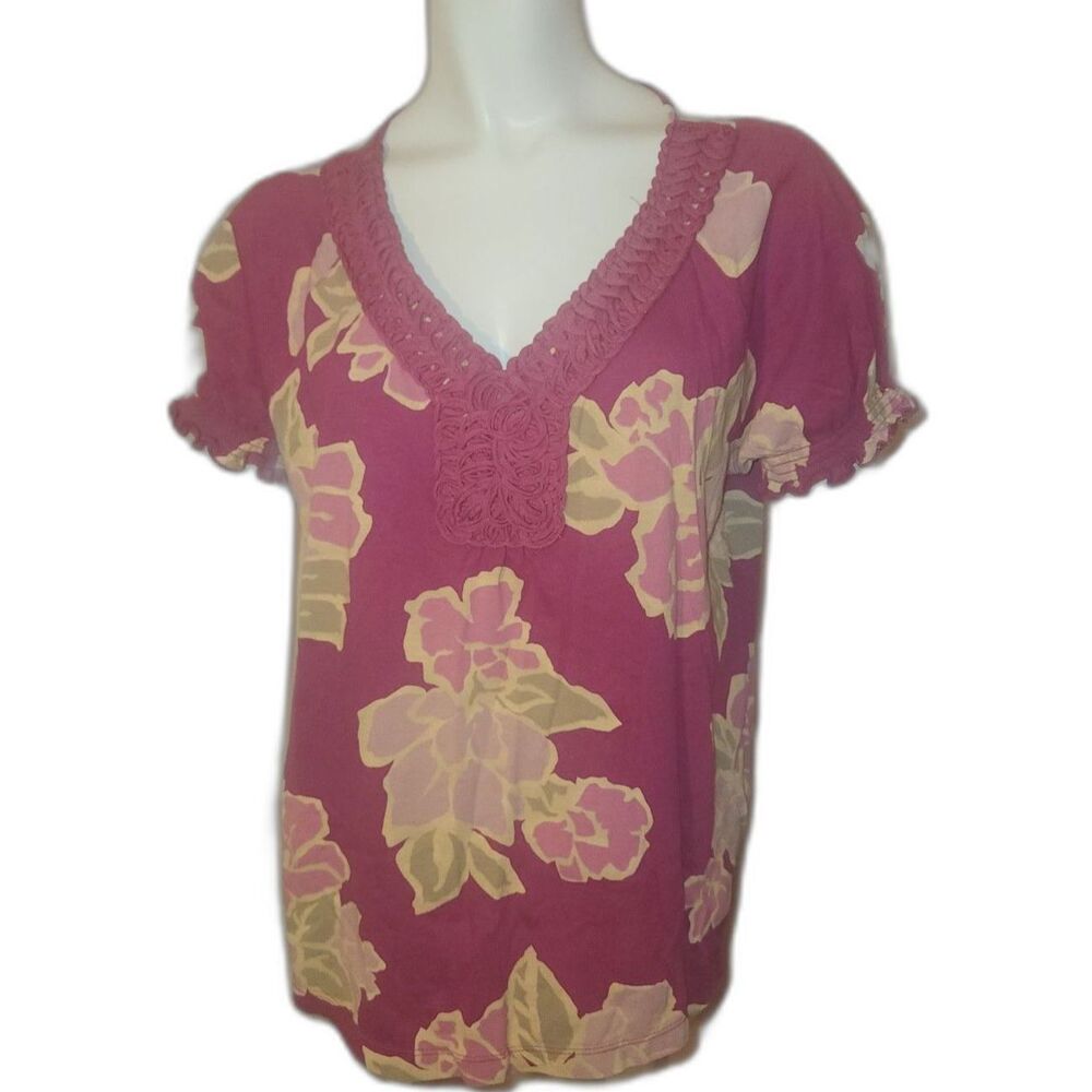 Croft & Barrow Magenta Pink Short Sleeve V Neck Floral Top Blouse Womens Size PL